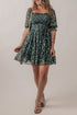 Floral Smocked Puff Sleeve A Line Mini Dress with Square Neck